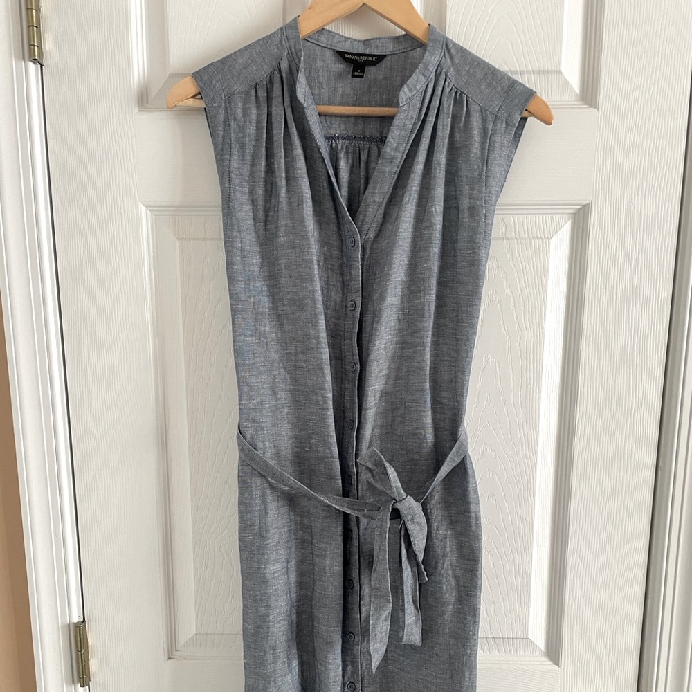 Banana Republic button down collared linen blend belted dress knee length 4